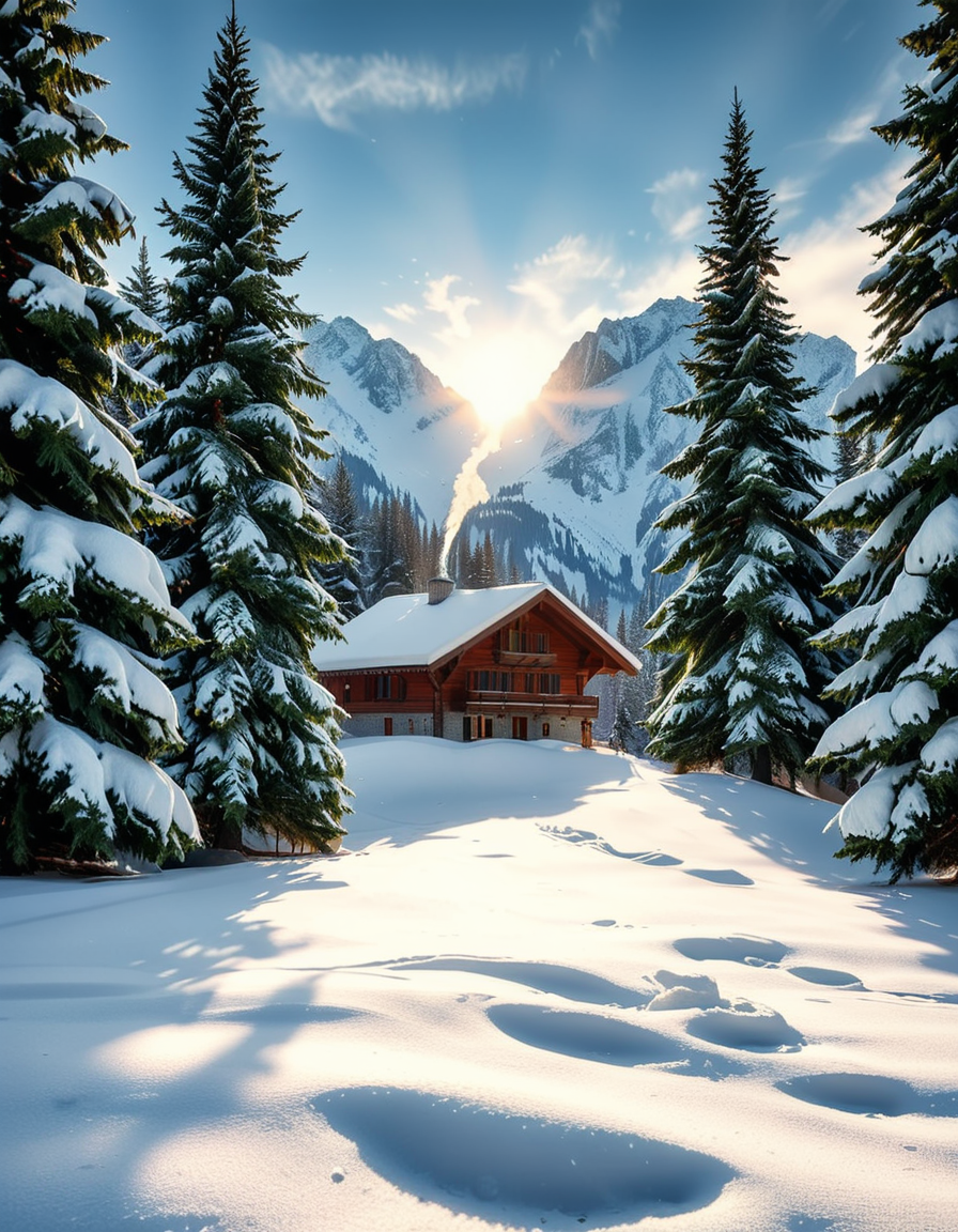 A cozy wooden chalet nestled in a serene winter landscape, surrounded by tall, snow-covered pine trees. Warm golden lights glow from the chalet's windows, contrasting with the crisp, cold air of the snowy evening. A thick layer of fresh snow blankets the ground, with a few footprints leading to the wooden front door. Smoke gently rises from the chimney, suggesting a warm fire inside. The sky is a soft twilight blue, with the first stars beginning to appear. In the foreground, a wooden fence partially covered in snow adds to the rustic charm. A small stack of firewood is neatly arranged near the entrance. The atmosphere is peaceful and inviting, evoking a sense of warmth and solitude in the midst of nature. The art style is hyper-realistic with soft lighting and high detail, emphasizing the texture of the wood, snow, and trees.
<lora:SDXLFaeTastic2400:0.4> <lora:extremely_detailed:0.4> extremely detailed, <lora:winter_l4ndsc4p3:1>,winter l4ndsc4p3, Masterpiece,best quality,hi res,8k,hi res,8k,award winning,(sharp focus, intricate, highly detailed),