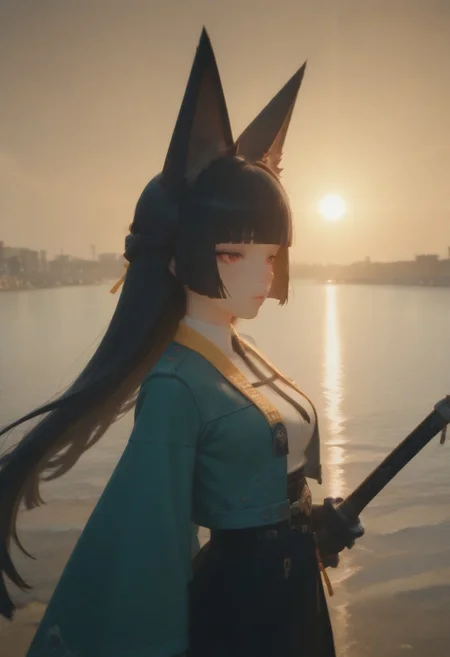 score_9, score_8_up, score_7_up, solo, 1girl, slender body, hoshimi miyabi, miyabizzz, animal ears, black hair, black skirt, blunt bangs, facing river, head away from viewer, fox ears, fox girl, neutral thoughtful face expression, black gloves, black tie, left full robotic arm, light blue jacket, high-waist skirt, sword on side, jacket, red eyes, sheath, shirt, skirt, solo, white shirt, masterpiece, best quality, amazing quality, outdoor, beautiful river in the mountains background, sunny, sun, realistic sun light, wind, hair swirling, cozy lighting, warm tones, dof.
<lora:Smooth%20Anime%20Style%20LoRA%20XL:0.5>
<easynegative>