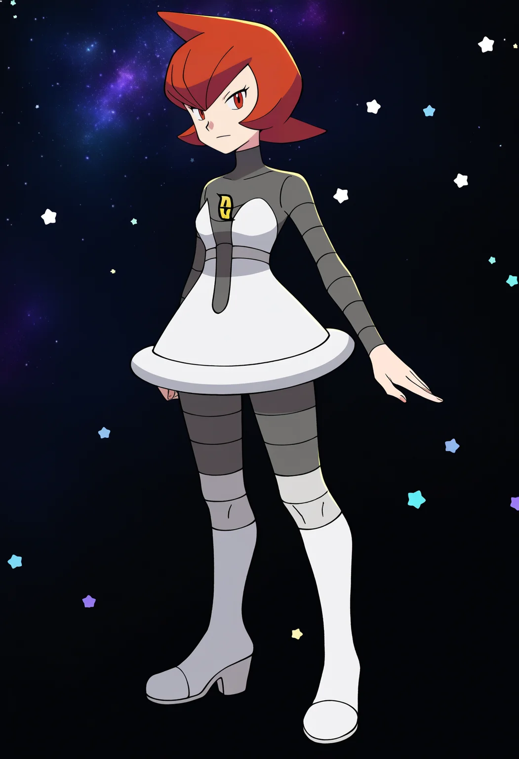 masterpiece, best quality, very aesthetic, absurdres,
(black background, galaxy background, starry background:1.8), BREAK
1girl, mars \(pokemon\), bangs, red eyes, red hair, short hair,
boots, grey dress, pantyhose, round skirt, team galatic uniform,
full body, standing, looking at viewer, solo <lora:MarsNoobXL_byKonan:1>
