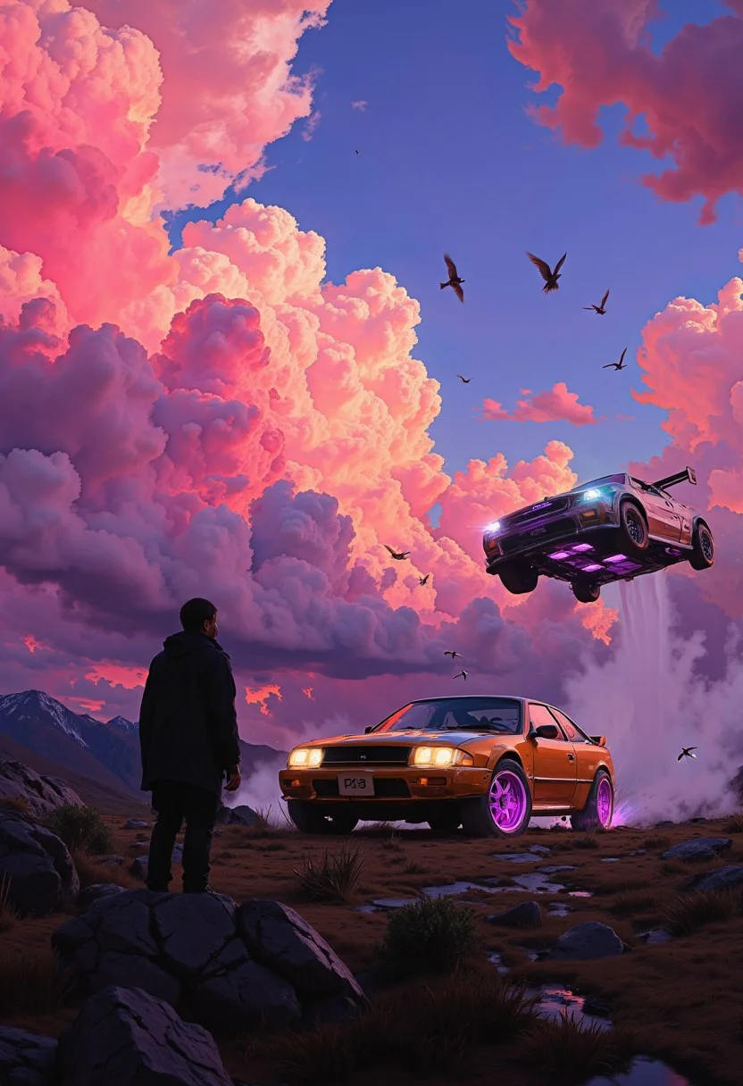 DB4RZ style painting,((nissan skyline T23 :1.3), (with glowing tires), ), , racing, multiple cars, beautiful scenery flowing at high speeds, cars with sweaty hands and feeling of speed (with glowing tires), midnight, dynamic angle, racing, motion, multiple cars (beautiful scenery flowing at high speeds, cars with sweaty hands and feeling of speed:1.4), detailed textures, high quality, high resolution, high precision, illustration, color correction, proper lighting setup, harmonious composition, work from Behance, <lora:Dieselcore:0.7> d1eselc0re <lora:Glitchcore_Flux:0.4> gl1tchc0re DB4RZ style painting,The image features a serene, scenic landscape at sunset with vibrant pink, orange, and purple clouds filling the sky. A lone figure stands near a vintage Toyota SUV, gazing upwards, perhaps lost in thought, while birds fly in the distance. The scene has a peaceful, contemplative atmosphere, with the warm, glowing colors of the sunset creating a dreamlike quality.<lora:flux1-D\flux.1_lora_flyway_Epic-Characters_v1.safetensors:0.5:1.0> <lora:flux1-D\flux.1_lora_flyway_ink-dynamic.safetensors:0.4:1.0> <lora:flux1-D\flux_realism_lora.safetensors:0.3:1.0>