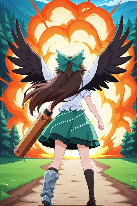 absurdres, highres, masterpiece, best quality, amazing quality, official anime artwork, screencap, anime screencap, outdoors, day, forest, dynamic pose, standing,
 <lora:Utsuho-Reiuji_IllustriousV2:1> long hair, reiuji utsuho, 1girl, solo, brown hair, green bow, hair bow, black wings, bird wings, third eye, green skirt, white cape, white shirt, puffy short sleeves, buttons, control rod, asymmetrical footwear, arm cannon, outdoors, forest, plains, day, explosion, from behind, floating hair