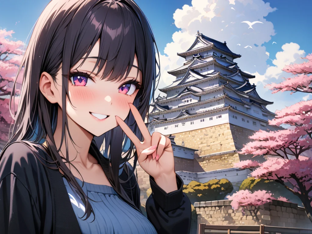 <lora:himeji_castle_PB_XL:0.7>,himeji castle,Japanese castle,blue sky,
1girl,v,smile,, masterpiece,(best quality),highly detailed,ultra-detailed,