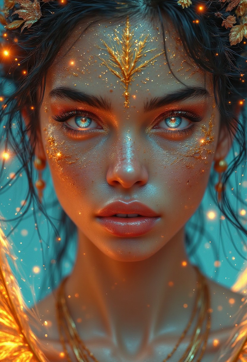 The image is a close-up portrait of a woman with glowing, warm colors, adorned with intricate makeup and a delicate touch of gold glitter. Her bright blue eyes shimmer with a captivating allure, hold a depth of mystery and wisdom, with its warm hues and twinkling lights, rosy hue. The background is a blur of turquoise and gold, suggesting a sense of mystery and wonder. The woman's gaze is direct and intense