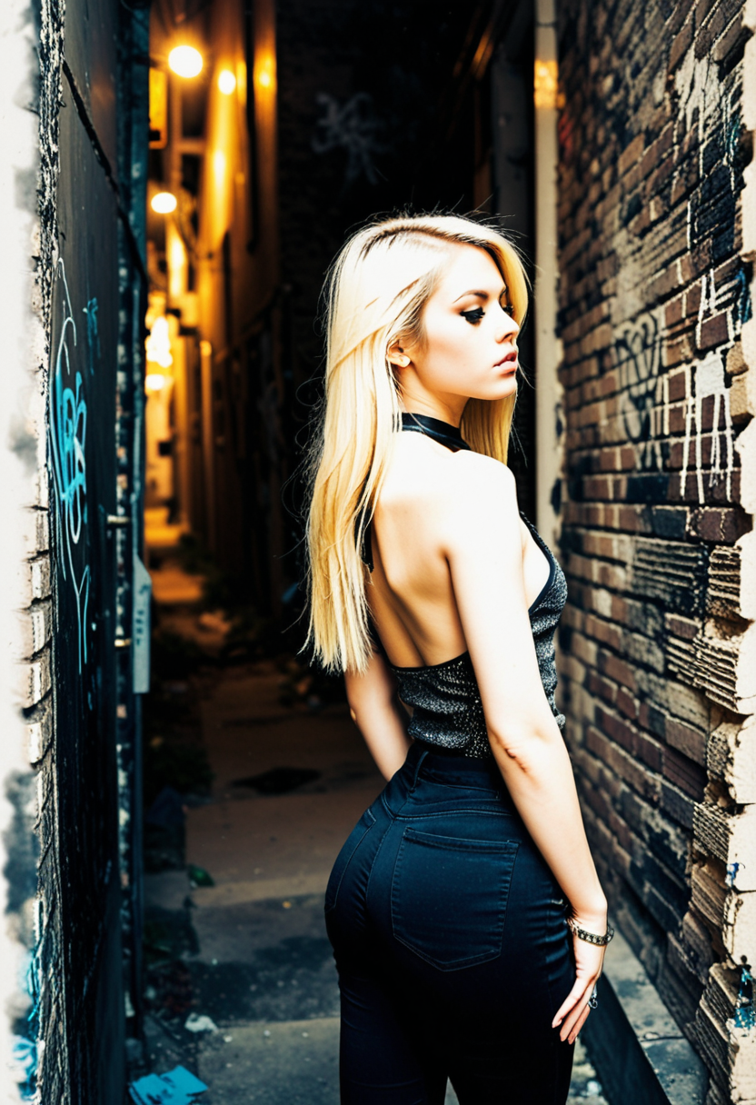 (Ring flash :1.4), , shadows,A breathtaking Korean woman with sleek, platinum blonde hair in a modern, dimly -lit back alley. She stands in profile, showcasing the curves of her breasts and ass. She wears a backless metallic halter neck top, and tight jeans, showcasing a confident sensual pose. her breasts on display.. The alley features c traditional brick walls and graffiti, a black door, The overall setting is clean and stylish, with a mix of neutral and cool tones.