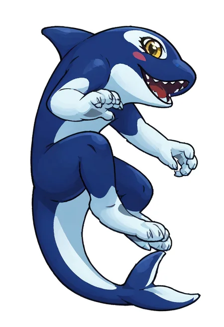 Orcane, orca, rivals of aether, water creature, yellow eyes, fin, watery, liquidize, bluish and white color body, cute look, yistyle, watercolor, painting, no blur, vector art, female, anthro, solo, looking at viewer, smiling.