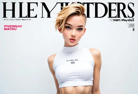 maxim magazine cover, gwen stacy, 1girl. solo, blonde hair, feminine, undercut, crop top, lowriders, belly button, lips, score_9, score_8_and_up, 2000s