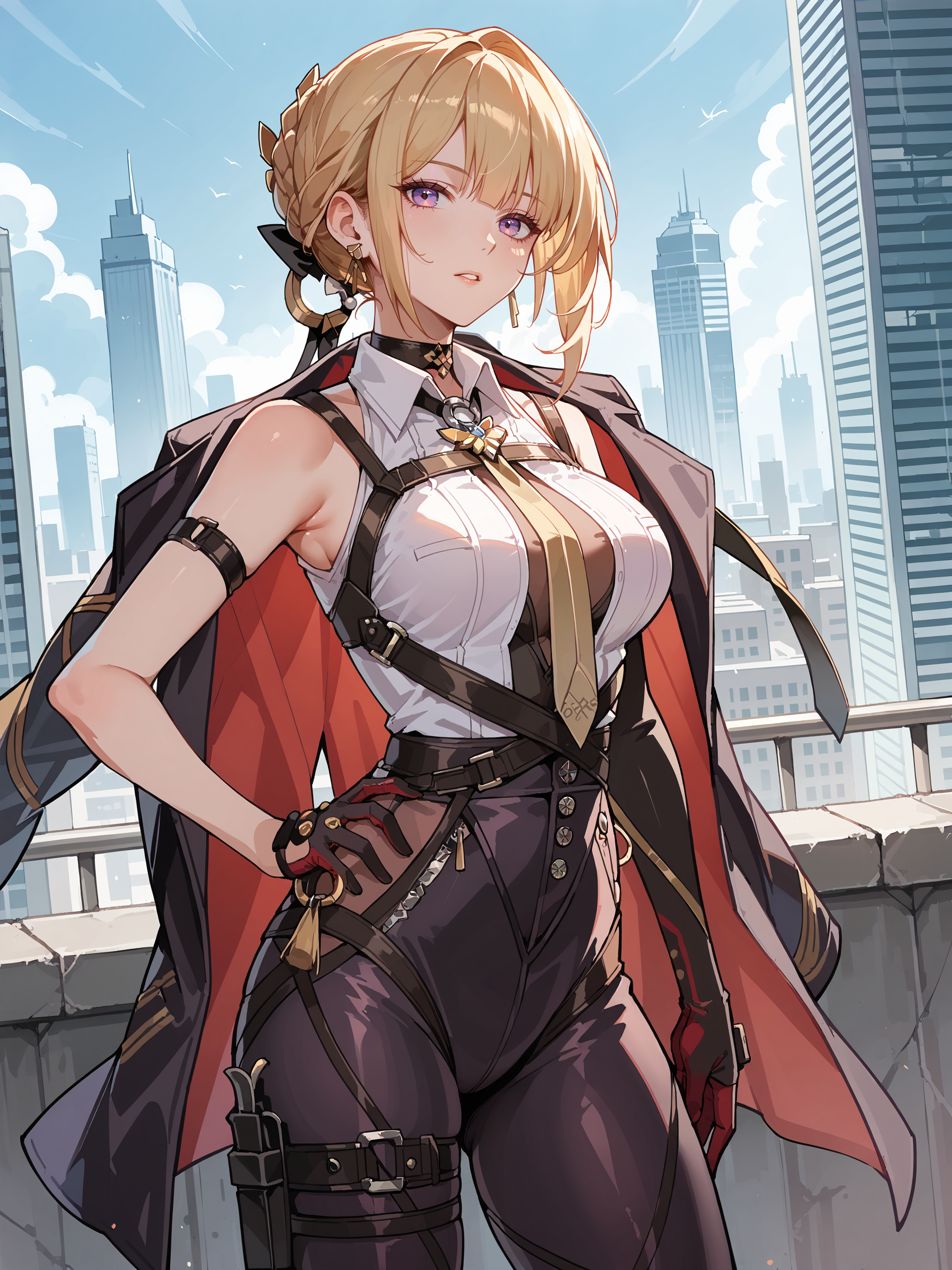score_9, score_8_up, score_7_up, source_anime, ray tracing, best quality,  <lora:Style-Expressive_H-pony:0.8:hr=0.4>,  <lora:Char-ZZZ-Evelyn-V1-Pony:0.9:hr=0.6>, 1girl, solo, evelyn chevalier, braided bun, hair up, black hair ribbon, earpiece, thigh holster, high-waist tight pants, black gloves, collared sleeveless shirt, chest harness, arm strap, single gauntlet, yellow necktie, pendant choker, cowboy shot, standing, parted lips, looking at viewer, hand on hip, outdoors, rooftop, cityscape, skyline, black coat, coat on shoulders,