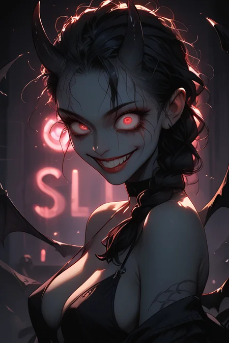 <lora:yandere_sex_pdxl_goofy:1> <lora:Expressive_H:0.85> expressiveh <lora:g0th1cPXL:0.4> g0th1cpxl <lora:incase-ilff-v3-4:0.4> <lora:Sinozick_Style_XL_Pony:0.9> <lora:dark:0.3>, score_9, score_8_up, score_7_up,
1girl, blue skin, saggy breasts, black horns, braided ponytail, half shave, black hair, devil tail, wings, runny mascara, ashes, messy hair, dynamic pose, dynamic angle, side view,
night club, dim lights, neon lights, ((((yandere, crazy smile, crazy eyes)))), ((big eyes)),
