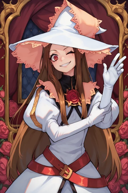 (score_9, score_8_up, score_7_up, score_6_up), source anime, BREAK, <lora:Rosary_Esmeralda_Yggdra_Union_Well_Never_Fight_Alone__Dept._Heaven:0.65> , RosaDef, brown hair, long hair, red eyes, white witch hat, white dress, red belt, juliet sleeves, gloves, interior, bedroom, (cowboy shot), seductive, one eye closed, rose, smug, grin, <lora:zy_Detailed_Backgrounds_v1:0.5> , detailed background, highly detailed, <lora:f3nn3rXLP:0.7> , f3nn3r, colourful, pink, blue, black, red, trippy,