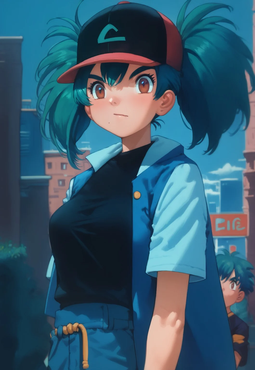 lasterk, score_9, score_8_up, score_7_up, score_6_up, 2d, (skinny body:1.1) (medium breasts1:1)  1girl, PMDuplica, brown eyes, green hair, bangs, twintails, hair tie, thick eyebrows, hat, baseball cap, jacket, shirt, black shirt, city background