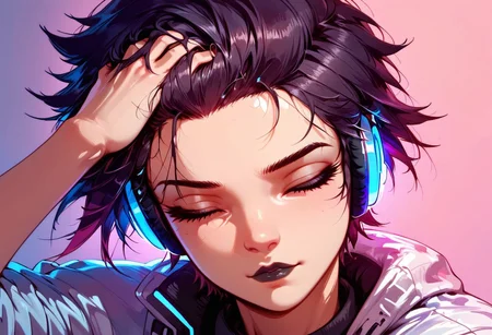 4k, Expressiveh, score_9, score_8_up, highly detailed, Hair flip,Forehead, hand in own hair, solo, tomboy, short hair, gradient hair, Black lipstick, solo, glowing headphones,