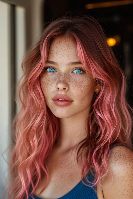 1girl,solo,bellissima, long hair,looking at viewer,blue eyes,green eyes,pink hair,parted lips,teeth,mole,lips,wavy hair,portrait,mole under mouth,freckles,realistic,mole on cheek