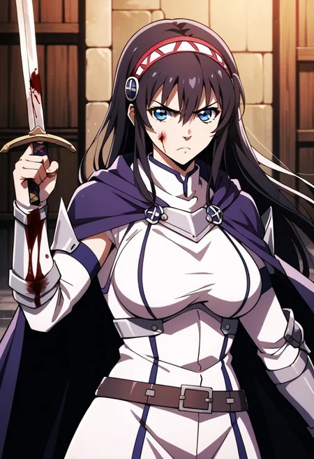 score_9_up, score_8_up, score_7_up, source_anime, LUVELIA SANCTOS, LUVELIA SANCTOS REGULAR WEAR, 1girl, solo, long hair, breasts, blue eyes, large breasts, black hair, holding, hair between eyes, weapon, hairband, sword, cape, holding weapon, armor, blood, holding sword, serious, injury
