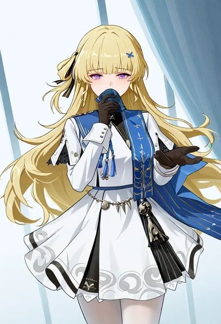 1girl, solo, phoebe wuthering waves, blonde hair, purple eyes, black gloves, blue sash, side cape, blue cape, long sleeves, white dress, white pantyhose, looking at viewer,
reaching out with handkerchief, gentle smile, head tilted slightly, pov receiving handkerchief, sunlit park, mid-range, three-quarter view, soft breeze blowing, comforting gesture
, <lora:Character_Phoebe-000015:0.8>