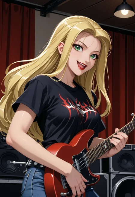 score_9, score_8_up, score_7_up, 1girl, solo, jurabasil, green eyes, red lipstick, blonde hair, long hair, large breasts,
EPblackmetalprint, wearing EPblackmetalprint, black t-shirt, studded belt, studded jeans,
smile, happy, open mouth, playing instrument, electric guitar,
indoors, stage, stage lights, heavy metal show,
1990s \(style\),
<lora:JuraBasilEldenPDXL_V1-Manityro-CAME:1.0>, <lora:EPblackmetalprint:1.0>