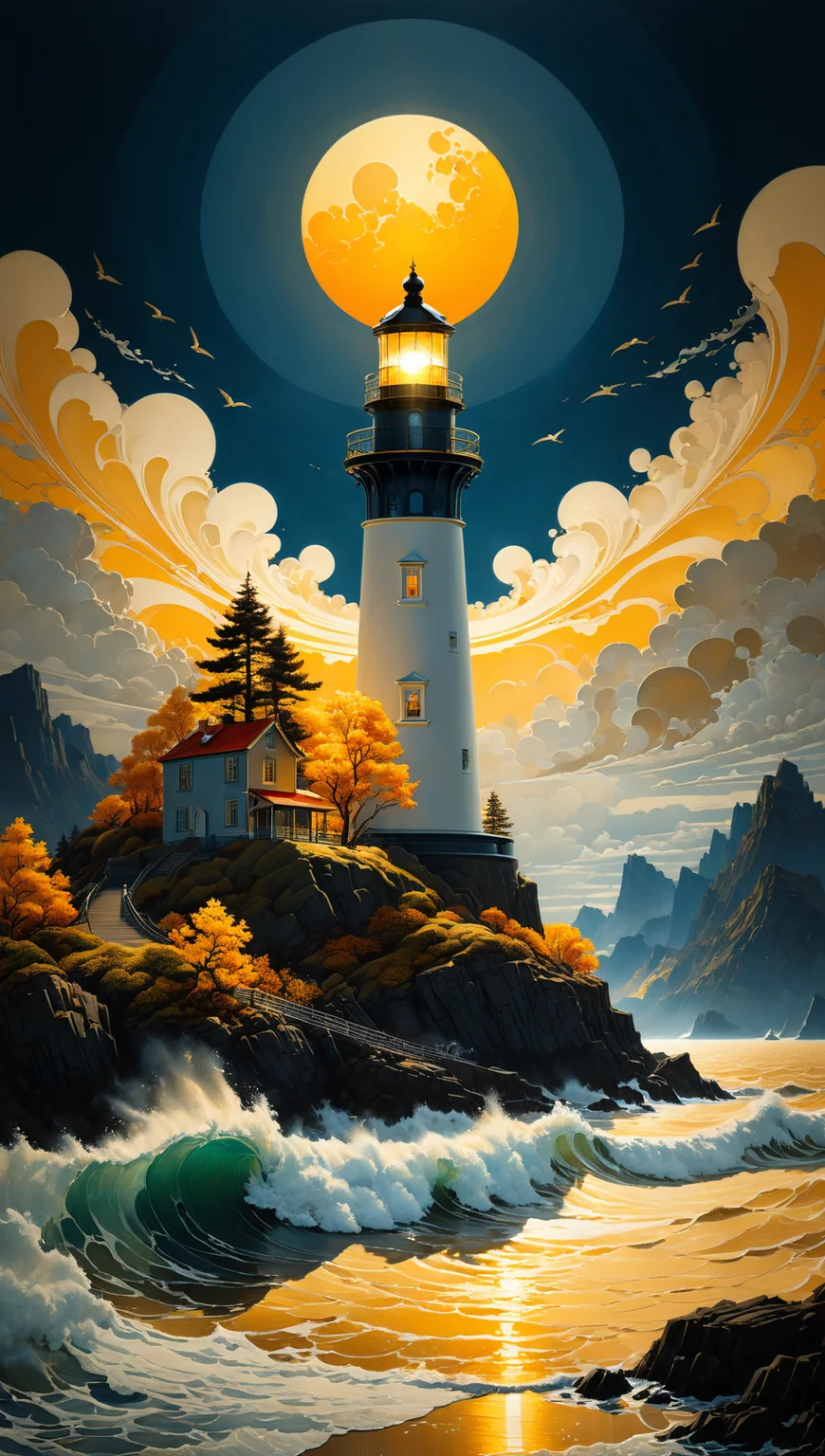 very beautiful insanely detailed image of glowing seascape lighthouse in golden October". beautiful golden mountains, bright dark yellow ornate sun, by Victo_Ngai, Oleksandra Ekster, Malevich, Vladyslav Yerko and Alexander Jansson, Vladyslav Yerko! Very Complex perfect elegant composition! linen gesso acrylic paper, epic Dramatic lighting! Razor-sharp quality insanely detailed, deep colors realistic masterpiece<lora:xl_more_art-full_v1:0.5>