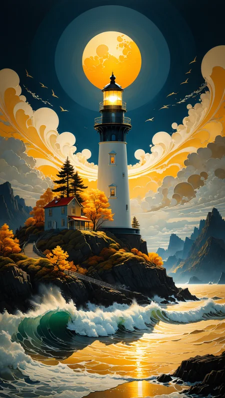 very beautiful insanely detailed image of glowing seascape lighthouse in golden October". beautiful golden mountains, bright dark yellow ornate sun, by Victo_Ngai, Oleksandra Ekster, Malevich, Vladyslav Yerko and Alexander Jansson, Vladyslav Yerko! Very Complex perfect elegant composition! linen gesso acrylic paper, epic Dramatic lighting! Razor-sharp quality insanely detailed, deep colors realistic masterpiece<lora:xl_more_art-full_v1:0.5>