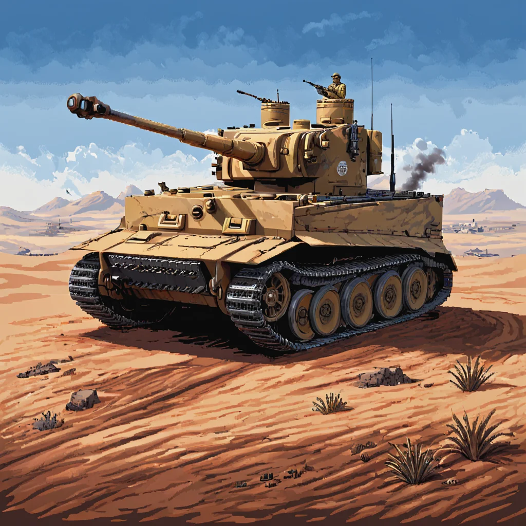 In the scorching heat of the North African desert, a tgrtnk tank stands atop a dune, surveying the horizon for Allied forces. The sun casts long shadows over its Zimmerit-coated armor, highlighting the tank's dominance in the vast, open terrain of the Tunisian campaign ((pulp_comic, heavy_lines, hand_drawn, hand_inked, hand_colored, perfect_face, apxlz))