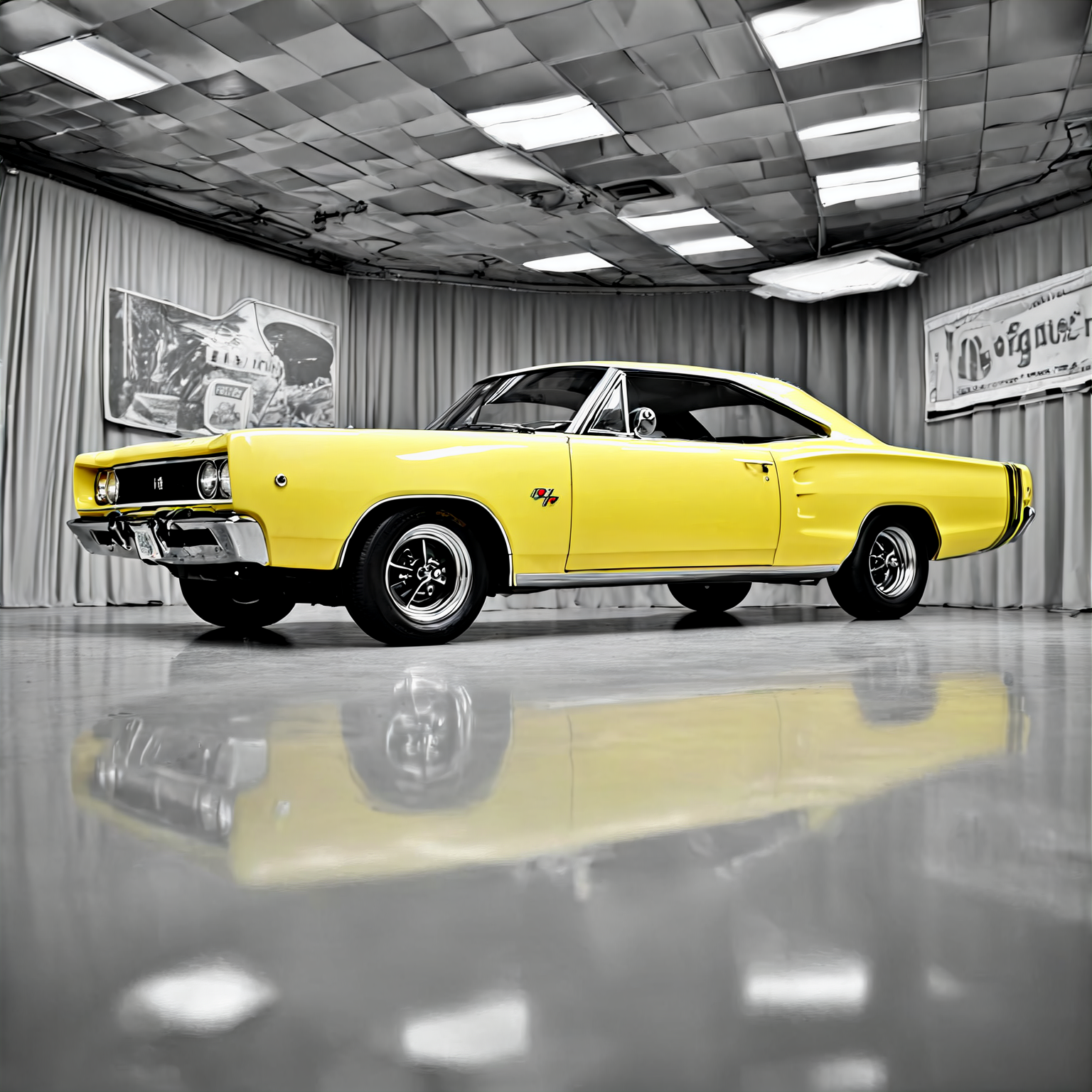 high-resolution 8k realistic photograph of a bright yellow 68DodgeXL, in a 1960s drive-in theater, studio lighting, rim lighting, shallow depth of field, monochrome, greyscale <lora:68DodgeXL:0.85>