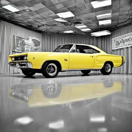high-resolution 8k realistic photograph of a bright yellow 68DodgeXL, in a 1960s drive-in theater, studio lighting, rim lighting, shallow depth of field, monochrome, greyscale <lora:68DodgeXL:0.85>