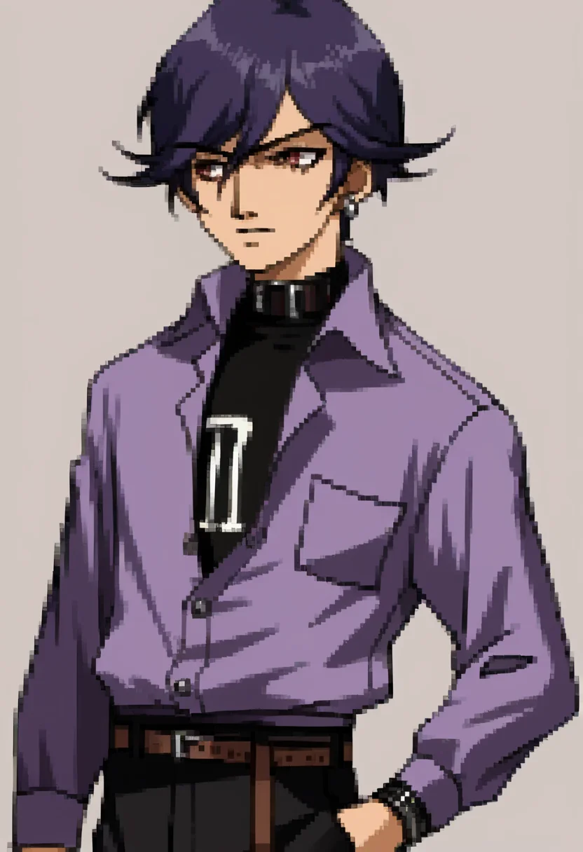 score_9, score_8_up, score_7_up, source_anime, BREAK ,solo, 1boy, <lora:P2-Protraits-pdxl_Fp:1>, portrait, simple background, <lora:Naoya-pdxl_Fp:1>, naoya25a, shirt tucked in, purple shirt, black pants, black shirt, belt, single earring