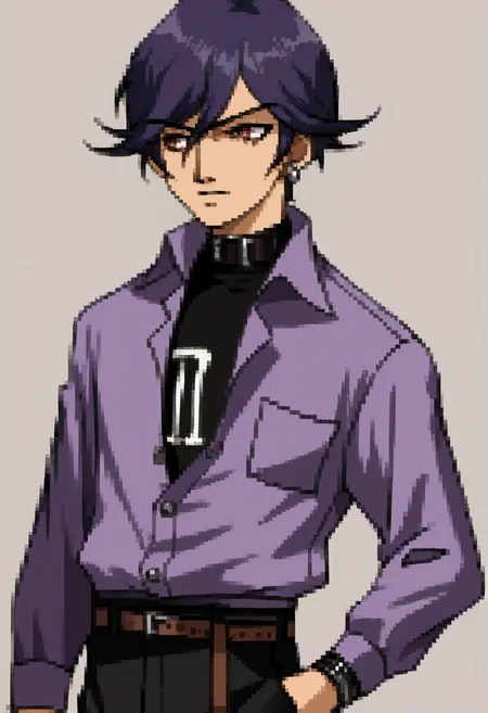 score_9, score_8_up, score_7_up, source_anime, BREAK ,solo, 1boy, <lora:P2-Protraits-pdxl_Fp:1>, portrait, simple background, <lora:Naoya-pdxl_Fp:1>, naoya25a, shirt tucked in, purple shirt, black pants, black shirt, belt, single earring