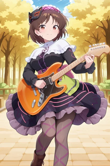absurdres, highres, masterpiece, best quality, amazing quality, official anime artwork, screencap, anime screencap, outdoors, looking at viewer, light smile, dynamic pose,
<lora:Tsukomo-Yatsuhashi_Illustrious:1> tsukumo yatsuhashi, 1girl, solo, brown eyes, brown hair, short hair,, tsukumo yatsuhashi \(rebel koto guitarist\), alternate costume, mask on head, black mask, pink hairband, frilled hairband, headphones, white capelet, frilled capelet, black dress, frilled dress, long sleeves, green apron, grey panthyhose, lace-trim, brown boots, pink bow, holding guitar, electric guitar,