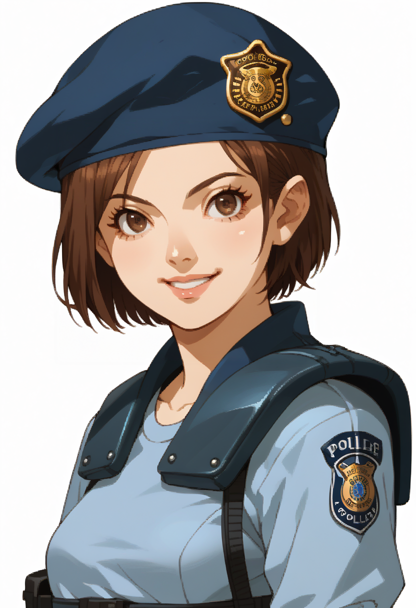 score_9, score_8_up, score_7_up, source_anime, 1girl, smile, solo, confident
<lora:zs_SMTIVPortraitsXL_2:1> smtivportraits, portraits, white background,
<lora:PonyJill:1> JillSTARS, brown hair, bob cut, short hair, beret, shoulder holster, police uniform,