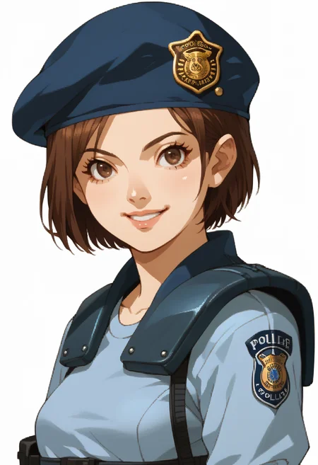 score_9, score_8_up, score_7_up, source_anime, 1girl, smile, solo, confident
<lora:zs_SMTIVPortraitsXL_2:1> smtivportraits, portraits, white background,
<lora:PonyJill:1> JillSTARS, brown hair, bob cut, short hair, beret, shoulder holster, police uniform,
