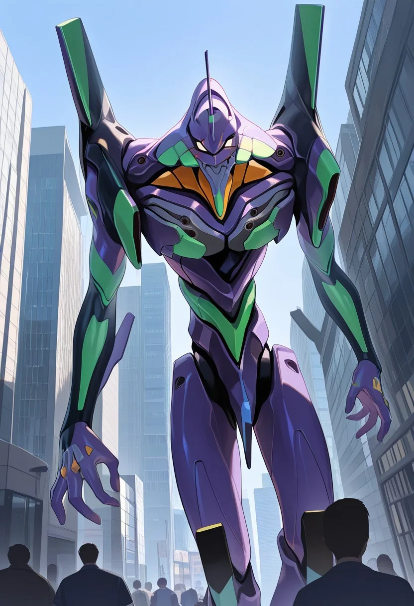 score_9, score_8_up, score_7_up, score_6_up, score_5_up, score_4_up, 4k quality, detailed, dramatic lighting, (eva01, giant robot, mecha), (no humans:1.1), best quality, masterpiece, cityscape, sunny day, brightly lit, low angle view