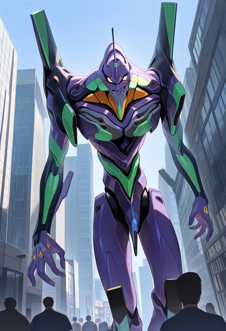 score_9, score_8_up, score_7_up, score_6_up, score_5_up, score_4_up, 4k quality, detailed, dramatic lighting, (eva01, giant robot, mecha), (no humans:1.1), best quality, masterpiece, cityscape, sunny day, brightly lit, low angle view