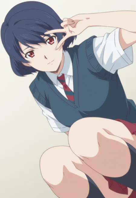 anime screencap, anime coloring, 1girl,  solo,   <lora:DX888Tachibana:1>  tachibana rui, red eyes, blue hair, short hair, school uniform, white shirt, sweater vest, white shirt, striped necktie, red skirt, BREAKsimple background, lace background, BREAK dutch angle,  from below, dynamic pose, posing,  , light smile,   squatting, v over eye,
