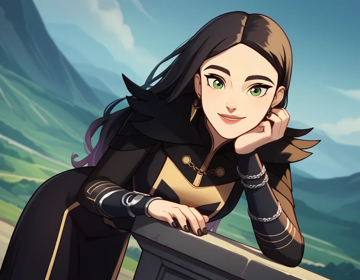 score_9, score_8_up, score_7_up, source_anime, <lora:dragon-prince-claudia-ponyxl-lora-nochekaiser:1>, claudia, long hair, black hair, green eyes, lips,, long sleeves, dress, jewelry, earrings, nail polish, black dress, black nails,, landscape, bent over, smile,, looking at viewer, solo, cowboy shot, dutch angle