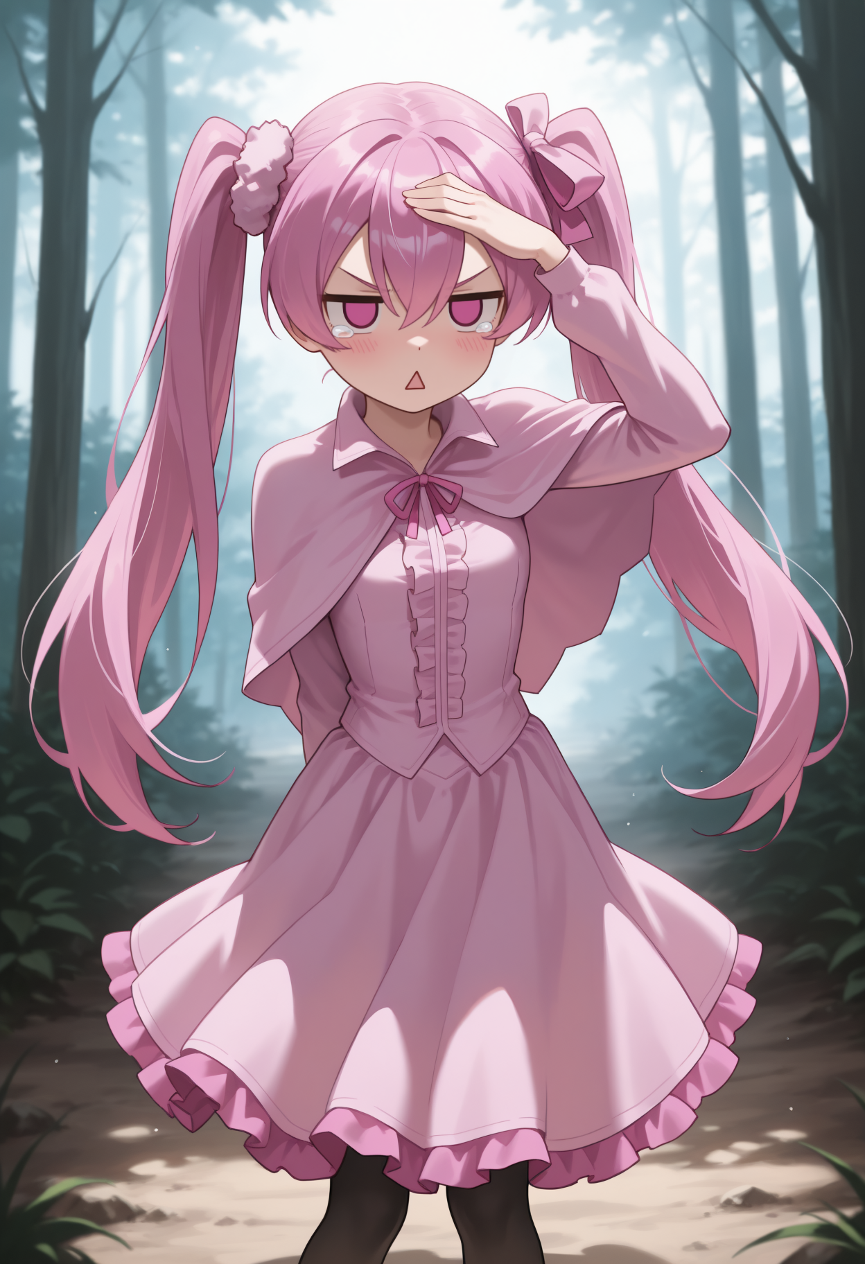masterpiece, best quality, newest, solo, 1girl, m1n3, blush, triangle mouth, standing, hand on own forehead, long hair, pink hair, hair between eyes, twintails, hair scrunchie, hair ribbon, pink ribbon, pink eyes, solid circle eyes, v-shaped eyebrows, tears, pink capelet, pink dress, frilled dress, center frills, black pantyhose, outdoors, forest
<segment:yolo-Anzhc Face seg 640 v2 y8n.pt,0.4,0.5//cid=1>