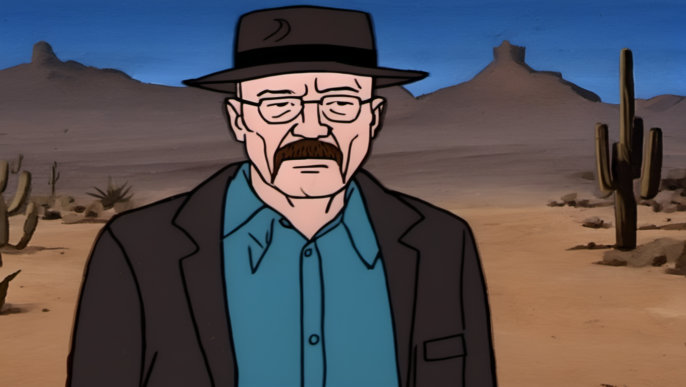 a cartoon of Walter White with Mexican desert background<lora:Scooby-Doo-SDXL:1>