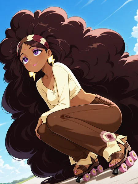 masterpiece,best quality,amazing quality, absurdres, highres, 
jupitermwatgg, 1girl, solo, dark skin, dark brown hair, long hair, absurdly long hair, afro hair, hair bandana, forehead marking, purple eyes, purple eyeshadow, pink lipstick, lightning earrings, light yellow crop top, long sleeves, brown pants, pink toenail polish, open toed shoes, brown roller skates, full body, crouching, head support, looking up, smile, sky, dutch angle, on model, accurate art style, cartoon screencap, show accurate