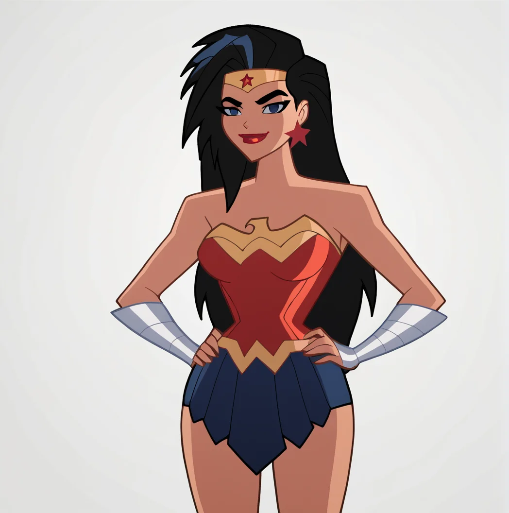 score_9, score_8_up, score_7_up, score_6_up, score_5_up, score_4_up, wonderwomanjla, 1girl, solo, long hair, breasts, looking at viewer, smile, skirt, simple background, black hair, white background, bare shoulders, jewelry, closed mouth, cowboy shot, pleated skirt, earrings, star, (symbol), blue skirt, makeup, tiara, lipstick, hands on hips, circlet, star earrings, bracer, <lora:wonderwomanjusticeleagueaction_pony:1>