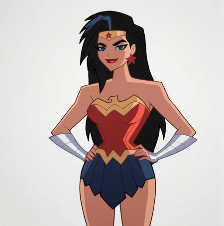 score_9, score_8_up, score_7_up, score_6_up, score_5_up, score_4_up, wonderwomanjla, 1girl, solo, long hair, breasts, looking at viewer, smile, skirt, simple background, black hair, white background, bare shoulders, jewelry, closed mouth, cowboy shot, pleated skirt, earrings, star, (symbol), blue skirt, makeup, tiara, lipstick, hands on hips, circlet, star earrings, bracer, <lora:wonderwomanjusticeleagueaction_pony:1>