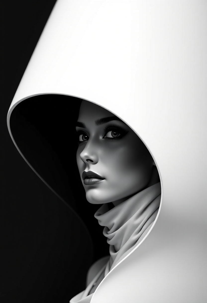 This photograph is a striking and elegant portrait in grayscale, depicting a woman with a captivating and confident gaze. She is wearing a wide-brimmed hat that casts a dramatic shadow over part of her face, adding depth and mystery to her expression. Her eyes, slightly turned upward, convey both poise and introspection. The lighting is soft yet directional, highlighting the contours of her face and the smooth texture of her skin. The background is minimalistic, with a stark contrast between black and white that draws attention to the subject, creating a sense of timelessness and sophistication. The woman's pose and the overall composition evoke feelings of allure, elegance, and a hint of enigma, reminiscent of Paris haute couture fashion.