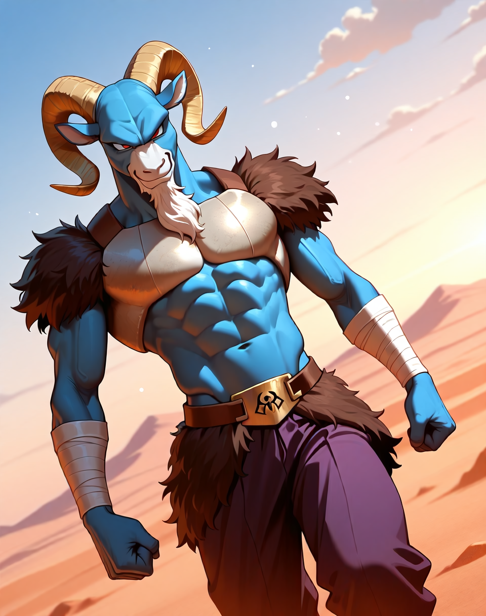 <lora:Moro_2nd_Form_(Dragonball_Z)_(Illustrious)_(AD):1> Moro, muscular, goat,
dutch angle, exterior, desert, sky with detailed clouds,
male focus, gradient coloring, solo, cowboy shot, bent leg, perfect proportions, goat head, blue body, soft shading, evil smirk, old, wrinkles, white beard, 
BREAK very awe, aesthetically pleasing, masterpiece, best quality, amazing quality, very aesthetic, perfect depth of field shot, in'ei, furry_art, source_furry, source_anime,
EZRealPONYXL, zPDXL, Smooth Quality, lazympos, IllustQualXL_Pos,
