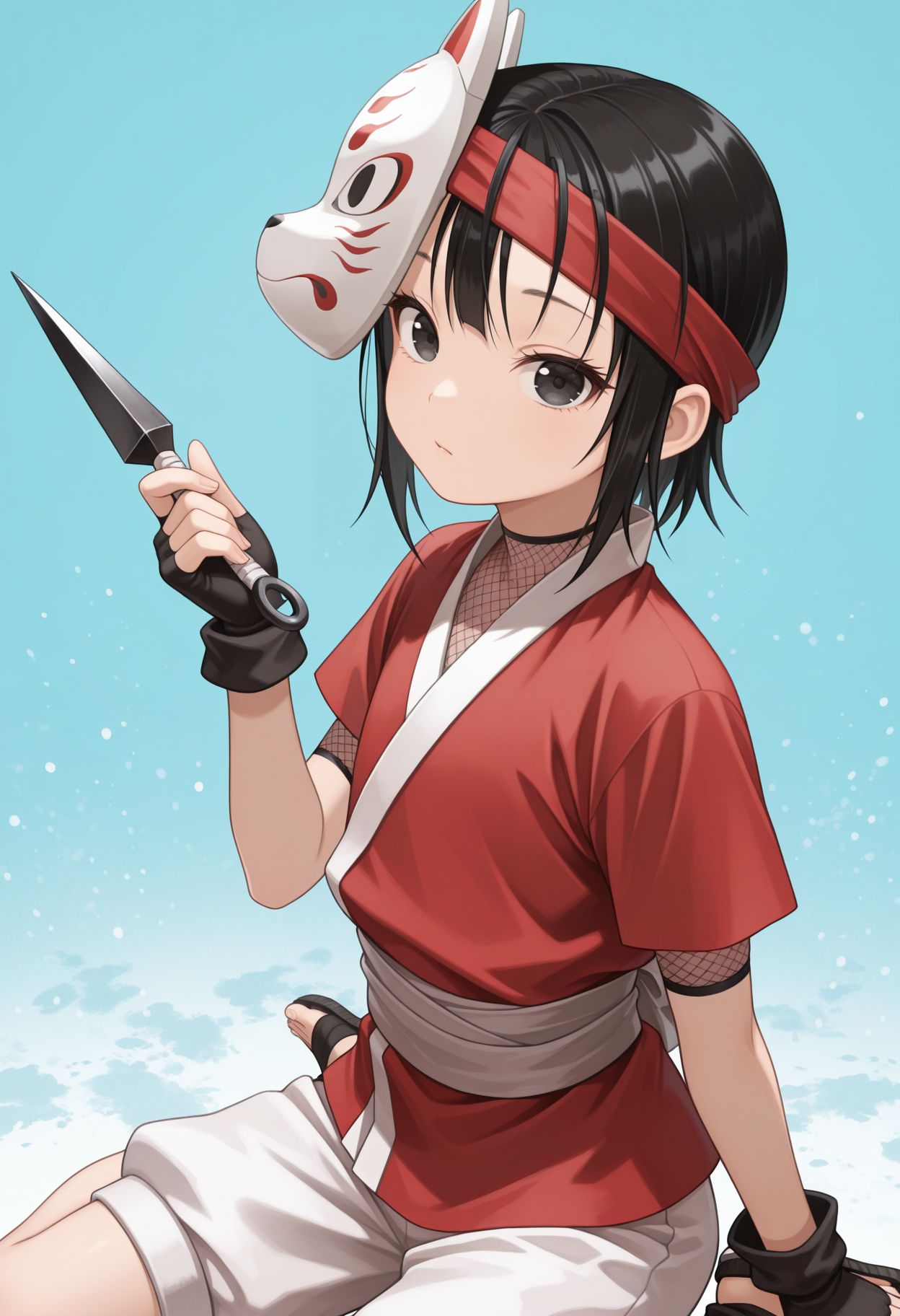 masterpiece,best quality,absurdres,highres, looking at viewer, light blue background, very awa upper body
, 1girl, black hair, fingerless gloves, ninja, black eyes, sandals, fishnets, black gloves, holding, wariza, short hair, short sleeves, kunai, shorts, sash,  <lora:Rindou llu:1> 1girl, black hair, short hair, black eyes, fox mask, ninja,red kimono, short sleeves, mask on head, black  fingerless gloves,  white shorts
