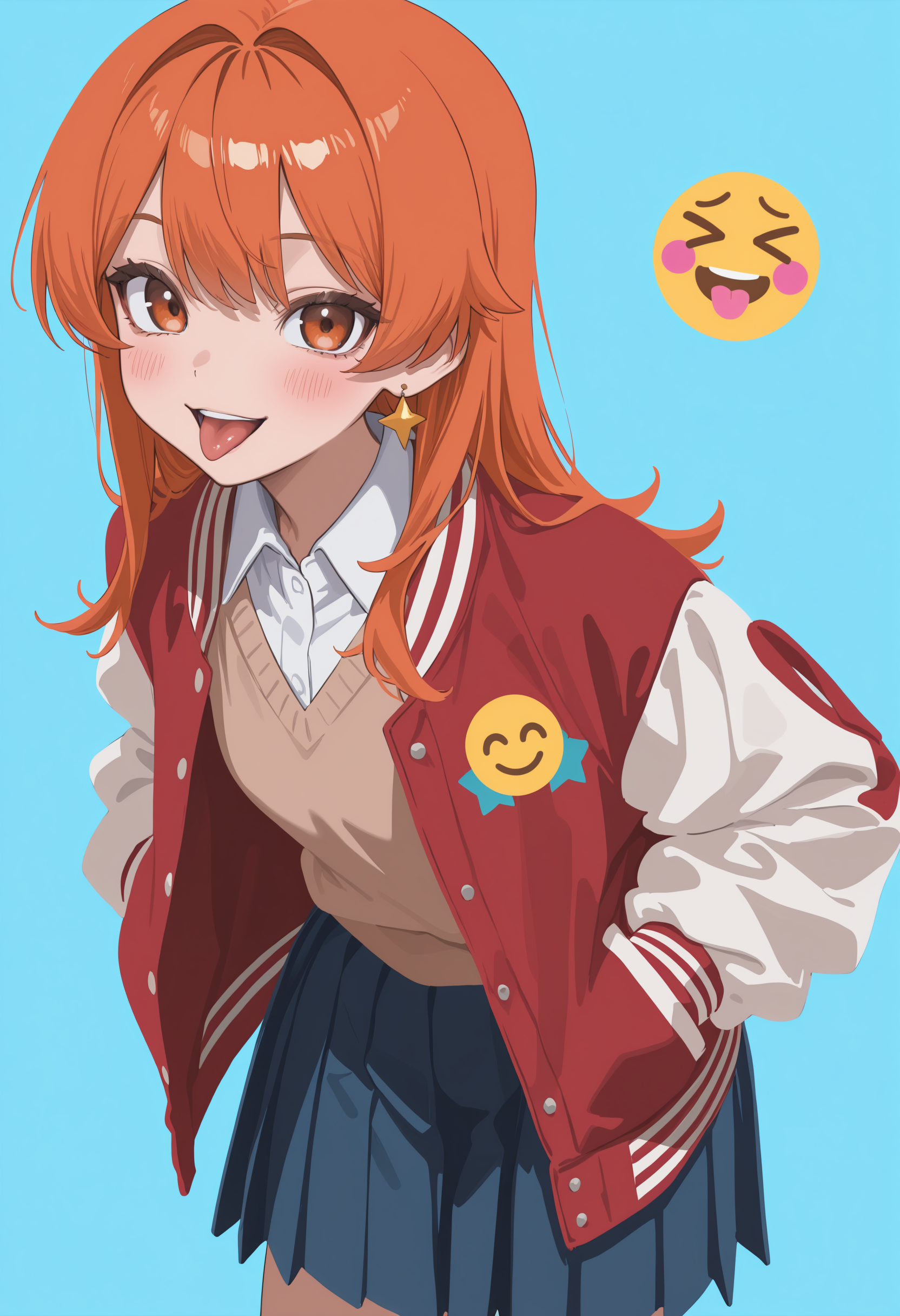 masterpiece, best quality, newest, absurdres, highres, very awa, anime screencap, limited palette, no lineart, sketch, blue background, simple background, 1girl, letterman jacket, orange hair, jacket, long hair, skirt, smile, looking at viewer, pleated skirt, hands in pockets, solo, jewelry, shirt, orange eyes, emoji, open mouth, blush, earrings, white shirt, red jacket, >_<, long sleeves, collared shirt, tongue, open jacket, open clothes, star \(symbol\), sweater, cowboy shot, smiley face, sweater vest, :d, leaning forward, blue skirt, tongue out, brown eyes, no lineart, profile, eye focus