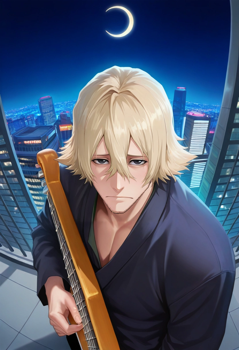 masterpiece, best quality, , semi-realistic, looking at viewer, 1boy, solo, male focus, <lora:kisuke_urahara_ilxl:0.96>, kisuke_urahara, blonde hair, black eyes, short hair, hair between eyes, facial hair, stubble, , from above, rooftop, tokyo \(city\), building, skyscraper, night, crescent moon, holding instrument, sad,