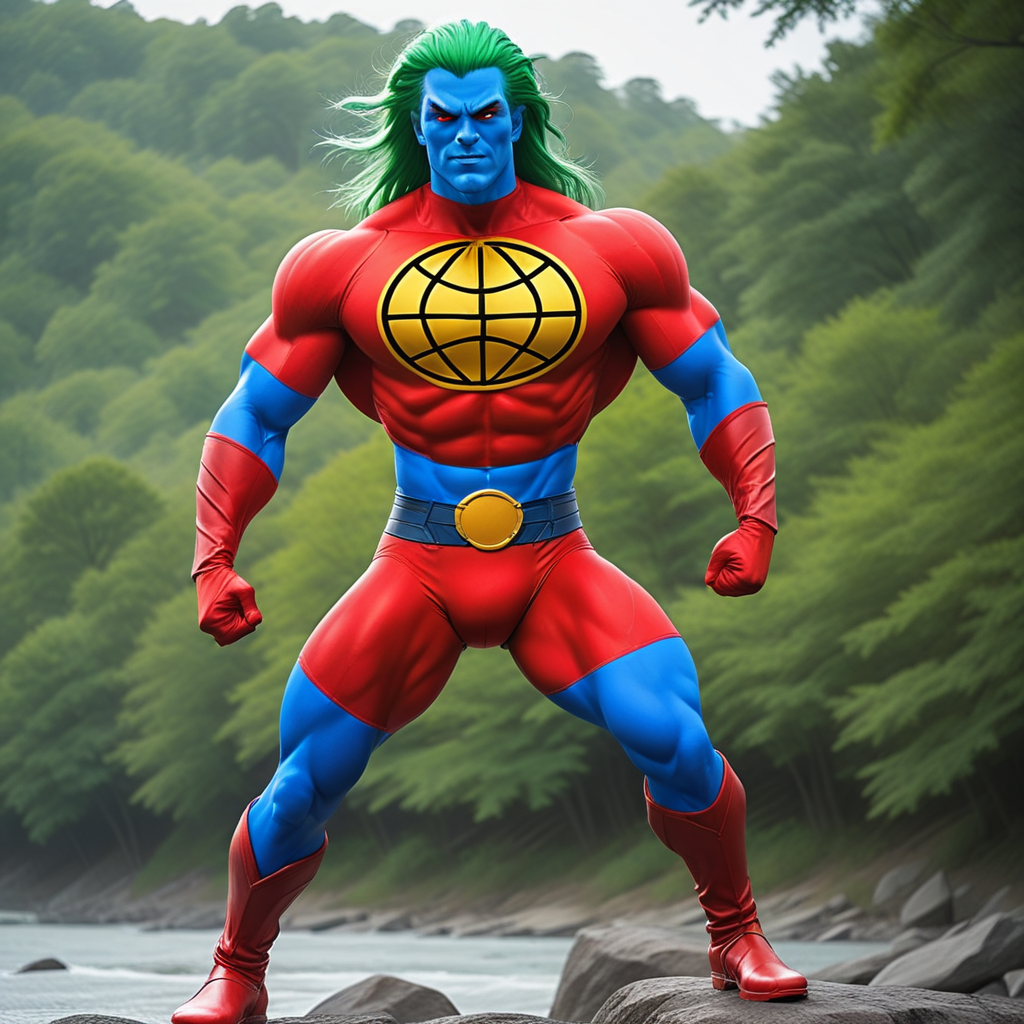 superhero, rock, realistic, red cloth, blurry background, tree, muscular male, long hair, water, green hair, thick thighs, hands on hips, nature, red footwear, blue skin, yellow eyes, green eyes, blue bodysuit, red skin, topless male, male focus, building, full body, boots, looking at viewer