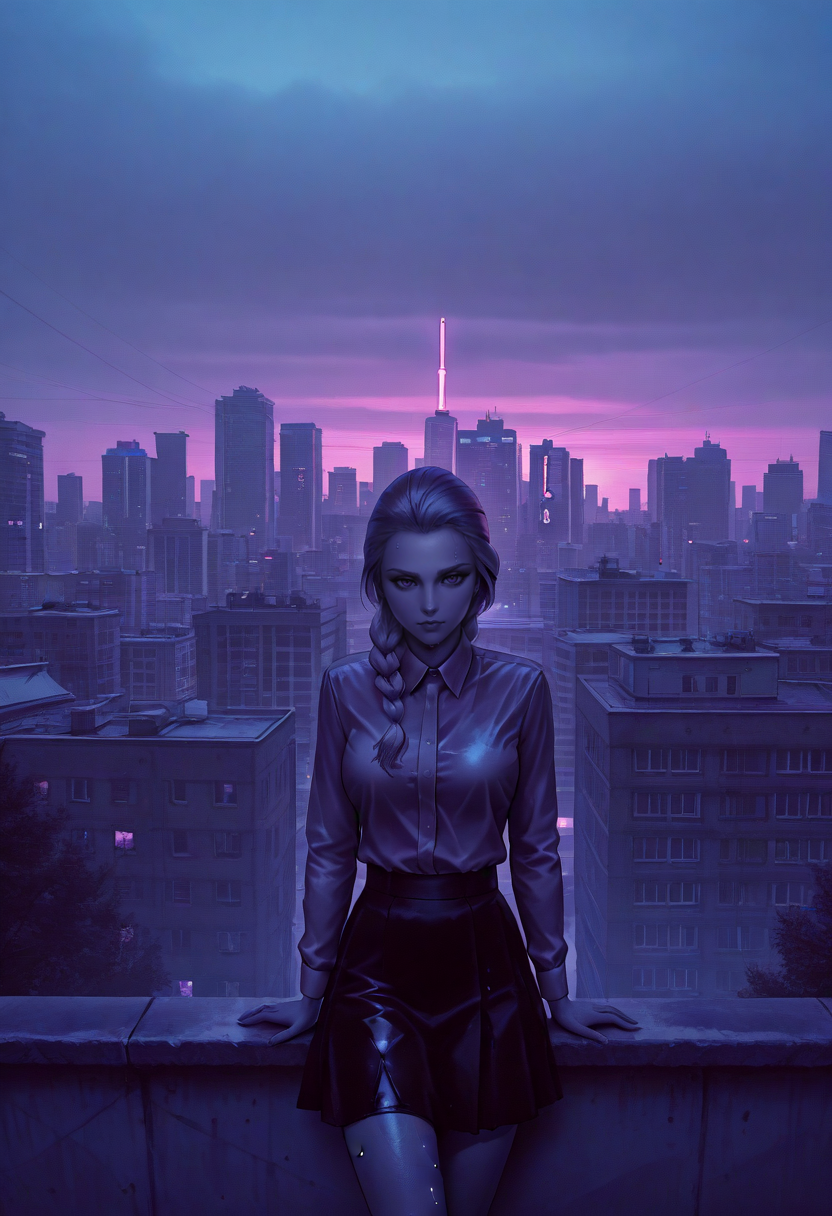 neonpunk style golden hour shot of cityscape shot with (masterpiece), (best quality), (ultra-detailed), looking at viewer, (muscular legs:0.9),
<lora:dark_v1.9-pony:0.9> dark theme,<lora:NOOB_vp1_detailer_by_volnovik_v1:1.4>  <lora:ebenya:0.8> ebenya, building, outdoors, city, rainy day in a small Russian town,  overcast weather, wet trees,  tree,  <lora:Katya_TB_Illv3:1> Katya_TB, 1girl, solo, colored, on the roof, skirt, night, snow, movie still, (neon lights), 90mm lens, vhs, bladerunner style, masterpiece, best quality, (film grain:1.1). Urban, skyline, architectural, dynamic. Warm light, sunset/sunrise, magical, serene . cyberpunk, vaporwave, neon, vibes, vibrant, stunningly beautiful, crisp, detailed, sleek, ultramodern, magenta highlights, dark purple shadows, high contrast, cinematic, ultra detailed, intricate, professional