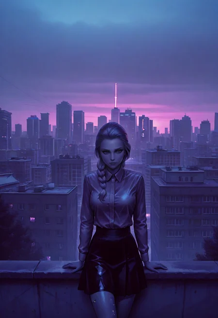 neonpunk style golden hour shot of cityscape shot with (masterpiece), (best quality), (ultra-detailed), looking at viewer, (muscular legs:0.9),
<lora:dark_v1.9-pony:0.9> dark theme,<lora:NOOB_vp1_detailer_by_volnovik_v1:1.4>  <lora:ebenya:0.8> ebenya, building, outdoors, city, rainy day in a small Russian town,  overcast weather, wet trees,  tree,  <lora:Katya_TB_Illv3:1> Katya_TB, 1girl, solo, colored, on the roof, skirt, night, snow, movie still, (neon lights), 90mm lens, vhs, bladerunner style, masterpiece, best quality, (film grain:1.1). Urban, skyline, architectural, dynamic. Warm light, sunset/sunrise, magical, serene . cyberpunk, vaporwave, neon, vibes, vibrant, stunningly beautiful, crisp, detailed, sleek, ultramodern, magenta highlights, dark purple shadows, high contrast, cinematic, ultra detailed, intricate, professional