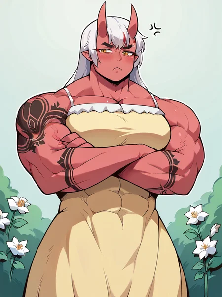 Score_9, score_8_up, score_7_up, score_6_up, score_5_up, score_4_up, source_anime, 1girl, solo, from below, dutch angle, BREAK, adorabuff, muscular female, oni, colored red skin, white hair, frilled yellow dress, flowers, muscle veins, embarrassed, arms crossed, annoyed, pouting, looking away, arm tattoos, simple background, blush,BREAK, OverallDetailXL, <lora:Concept_-_Adorable_and_Buff:1>