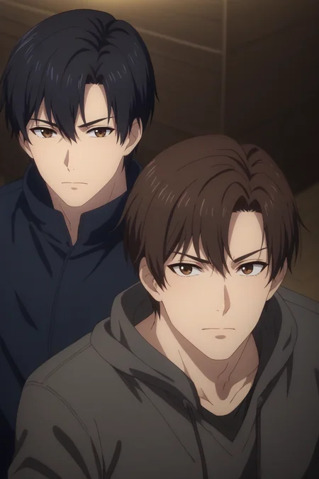 score_9, score_8_up, score_7_up,score_6_up,score_5_up,score_4_up,source_anime,BREAK, rating_safe, intricate details, , anime screencap, anime coloring, official style, depth of field,<lora:yexiu:0.93>,2 boys,male focus,split portrait, 2 shots,dual portrait,two-sided boys,(right shot,yexiu,black hair,brown eyes,closed mouth) SPLIT (left shot,lord grim,brown hair,brown eyes,open mouth),upper body,from above