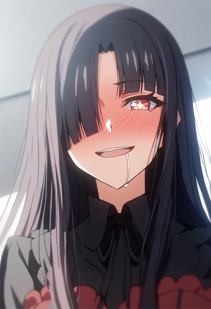 score_9, score_8_up, score_7_up, source_anime, 1girl, solo, <lora:ouyang xueli v2:1>, looking at viewer, blush, smile, open mouth, bangs, hair over one eye, long hair, black hair, red eyes, teeth, blunt bangs, star \(symbol\), symbol-shaped pupils, glowing, portrait, close-up, + +, star-shaped pupils, lovely smile, large breasts, black and red dress, yandere, full-face blush, nose blush, drooling a bit,