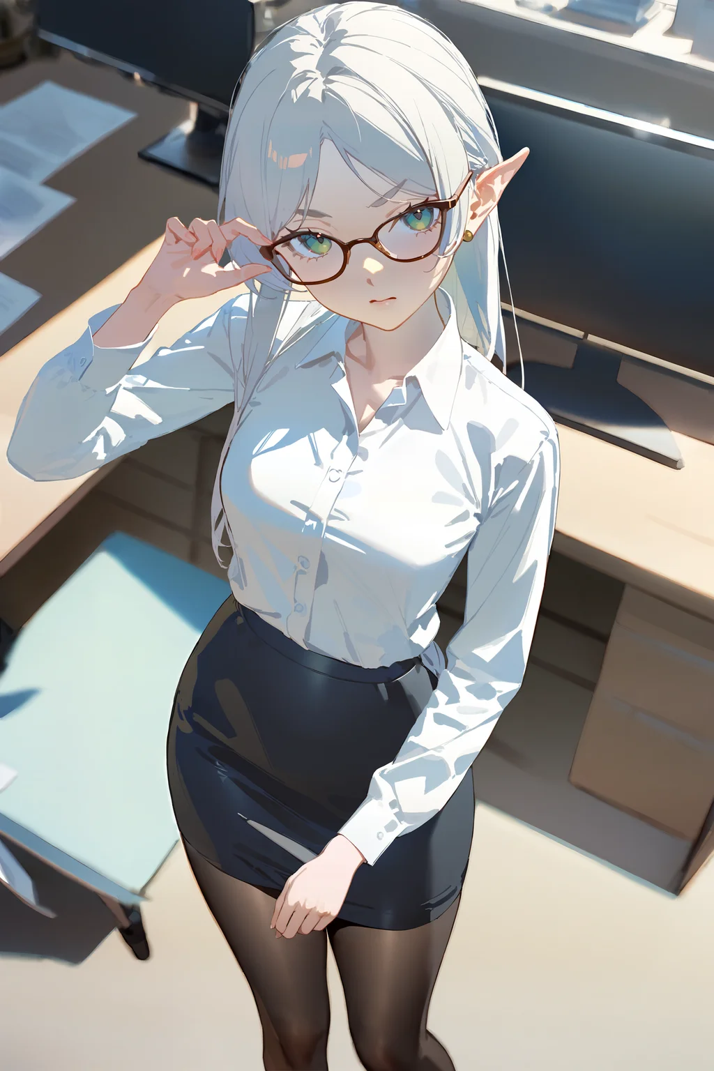 masterpiece, best quality, very aesthetic, ray tracing, newest, (hitenkei, askzy:0.4),1girl, frieren, solo, office lady, white collared shirt, pencil skirt, pantyhose, glasses, glaring, looking at viewer, hand on eyewear, office, indoors, depth of field <lora:quality1:0:hr=2>, <lora:Char-Frieren-XL-V1:0.9>